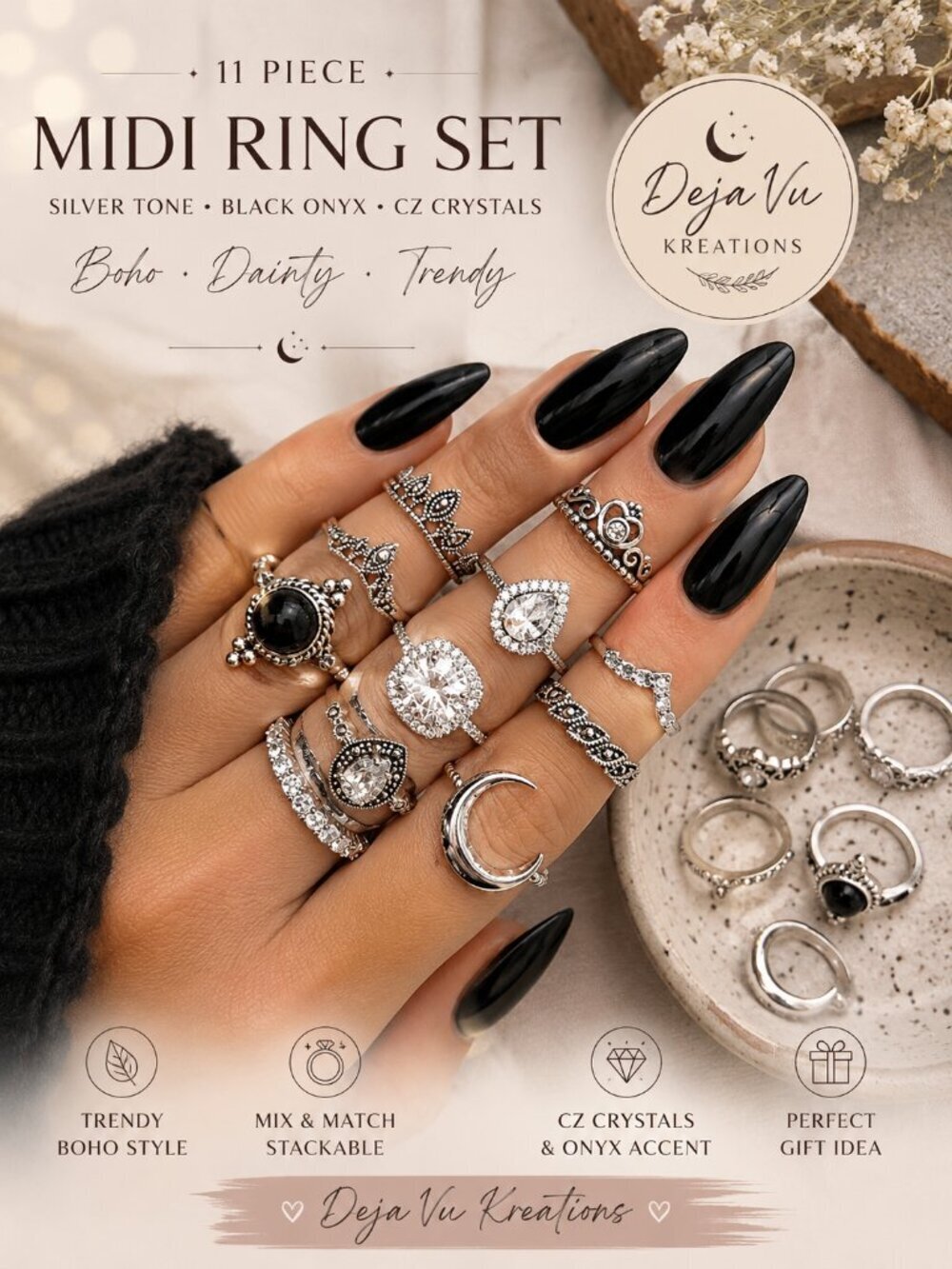 Silver Tone Black Onyx CZ Moon Crown Y2K Midi Ring Set 11 Pc